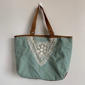Mint blue-green cloth and lace tote with brown rim